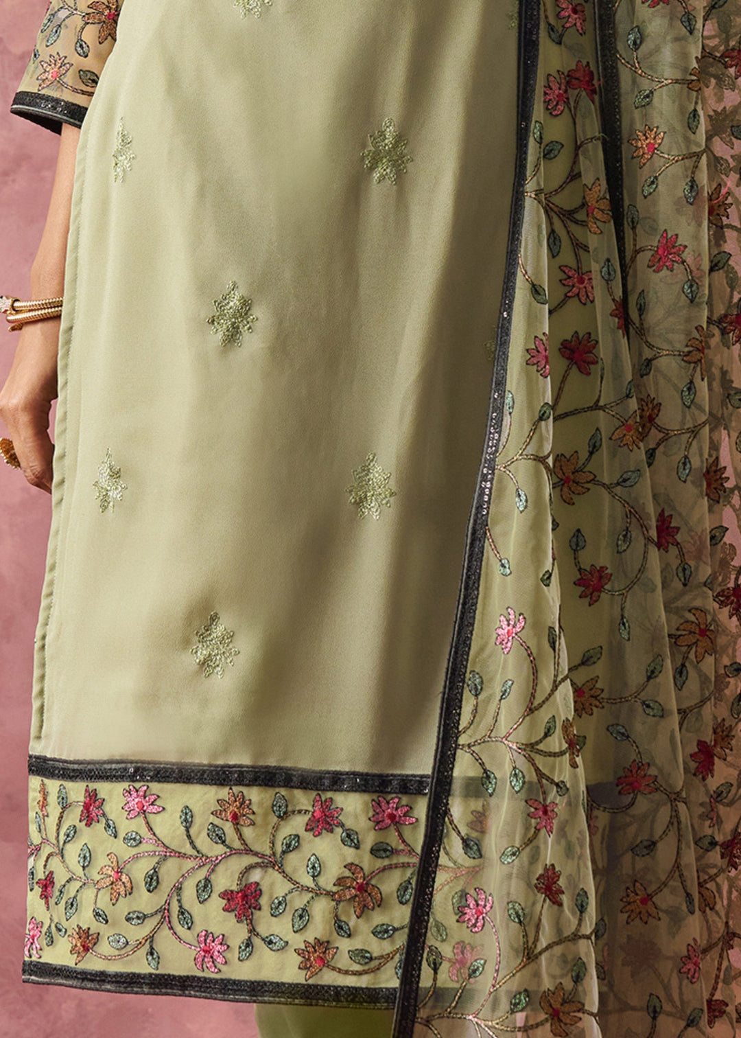 Pistachio Green Georgette Suit With Thread Embroidered Work