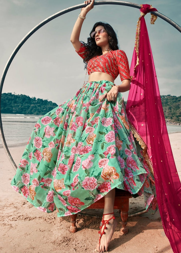 Teal Blue & Green Printed Organza Lehenga