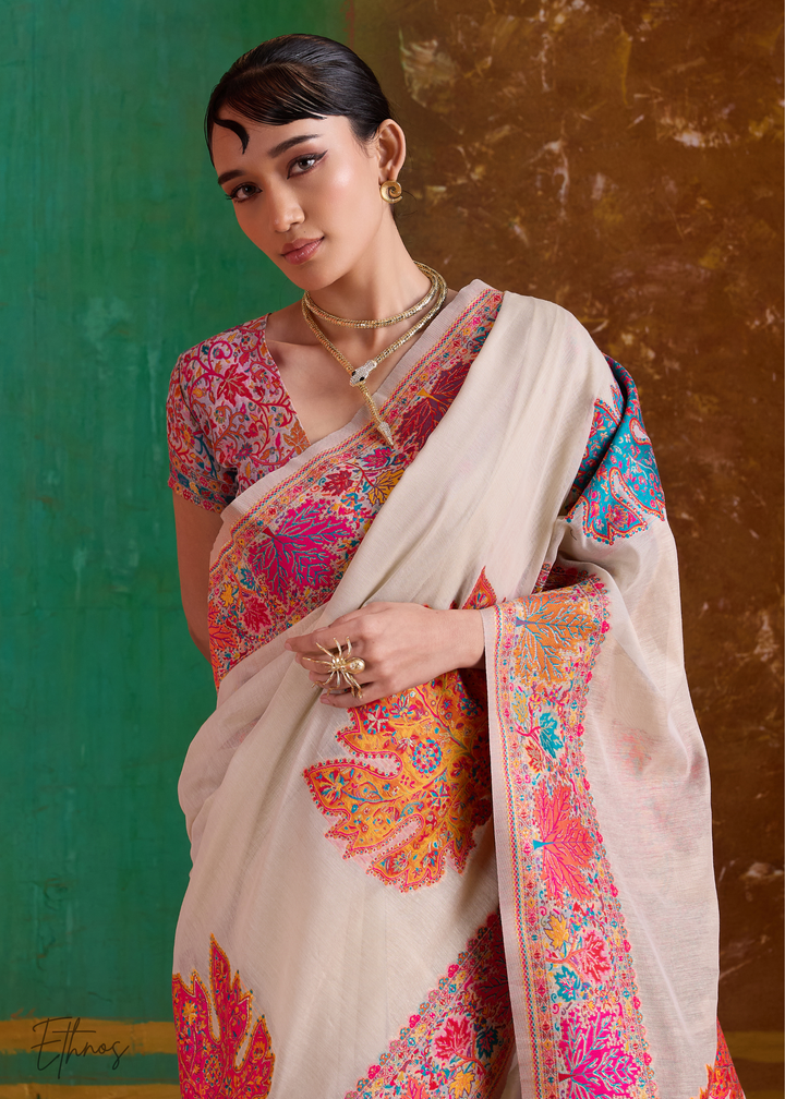Warm Beige with Multicolour Floral Weave Saree