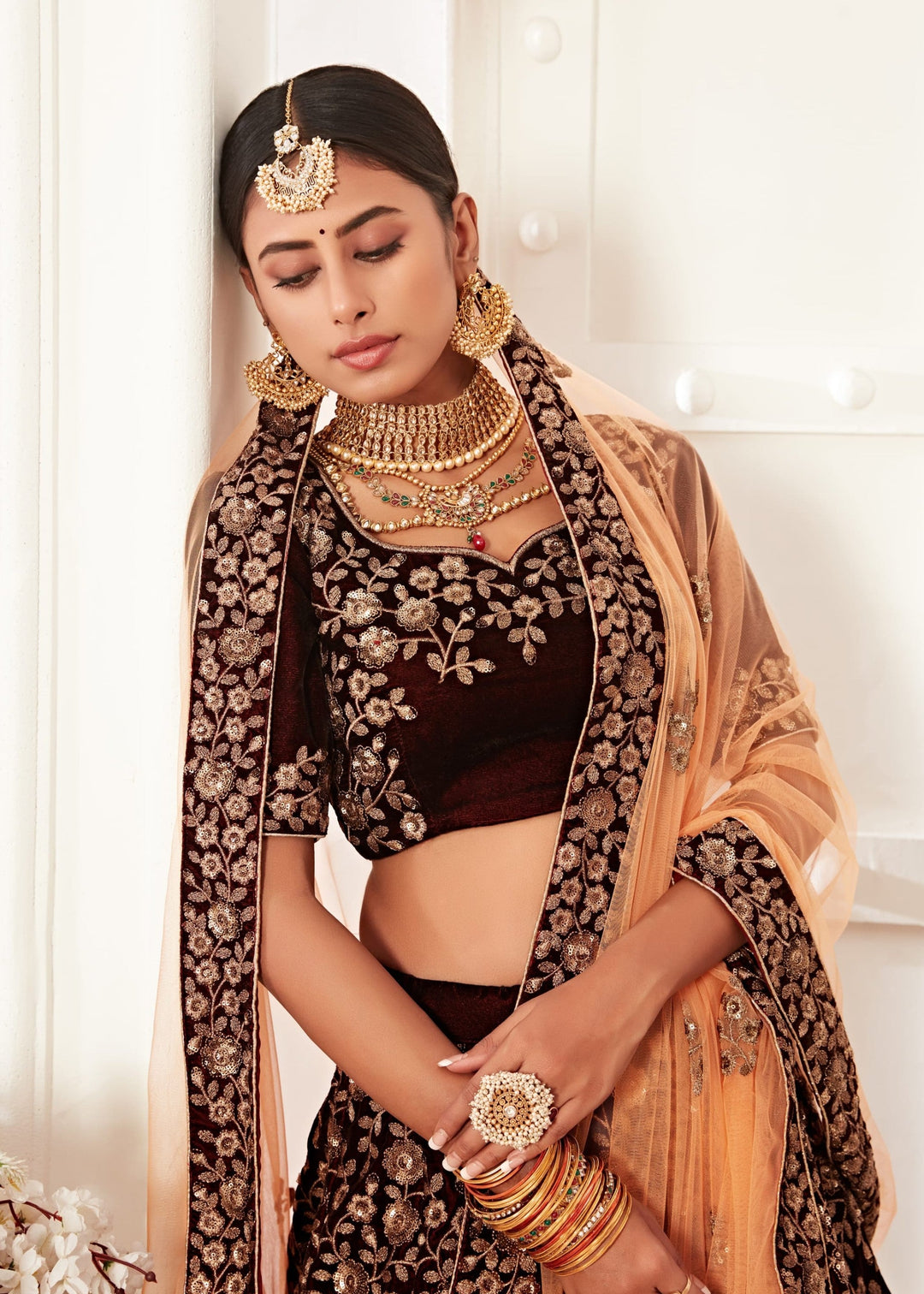 Majestic Maroon Pure Velvet Zari And Sequins Embroidery Lehenga