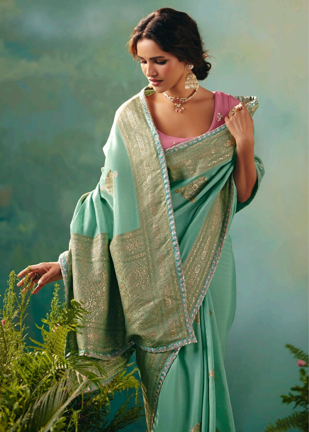 Sea Green Pure Viscose Dola Silk Saree with Zari Weaving & Embroidered Blouse