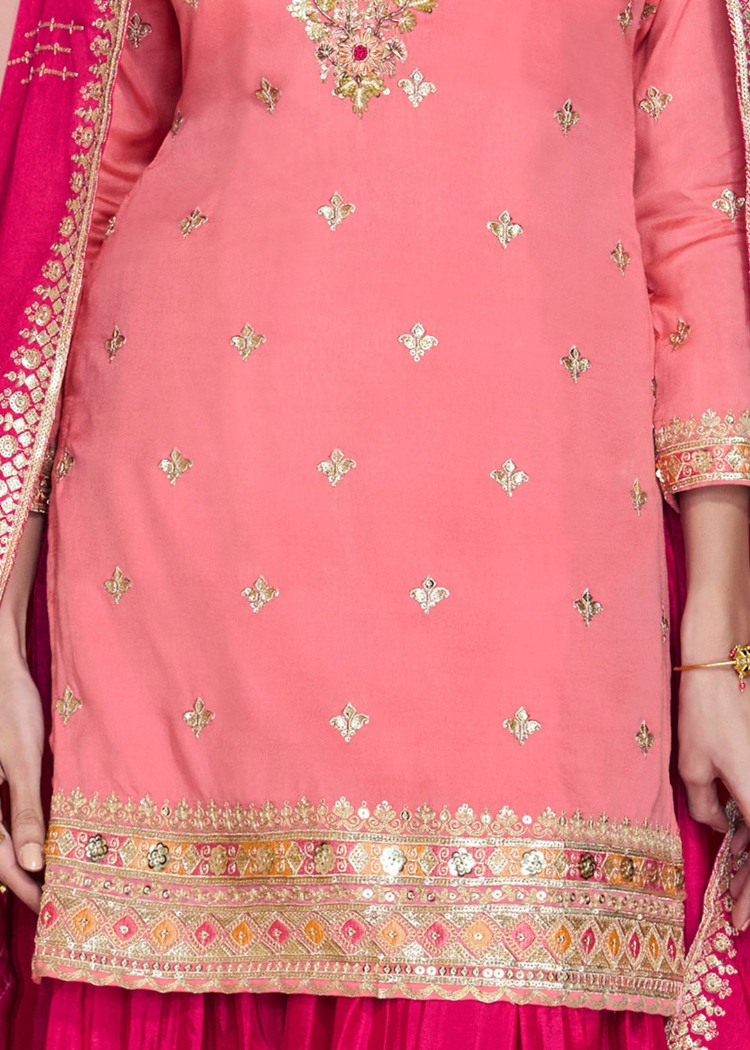 Peach Pink Chinnon Silk Plazo Suit With Thread Embroidered Work : Top Pick
