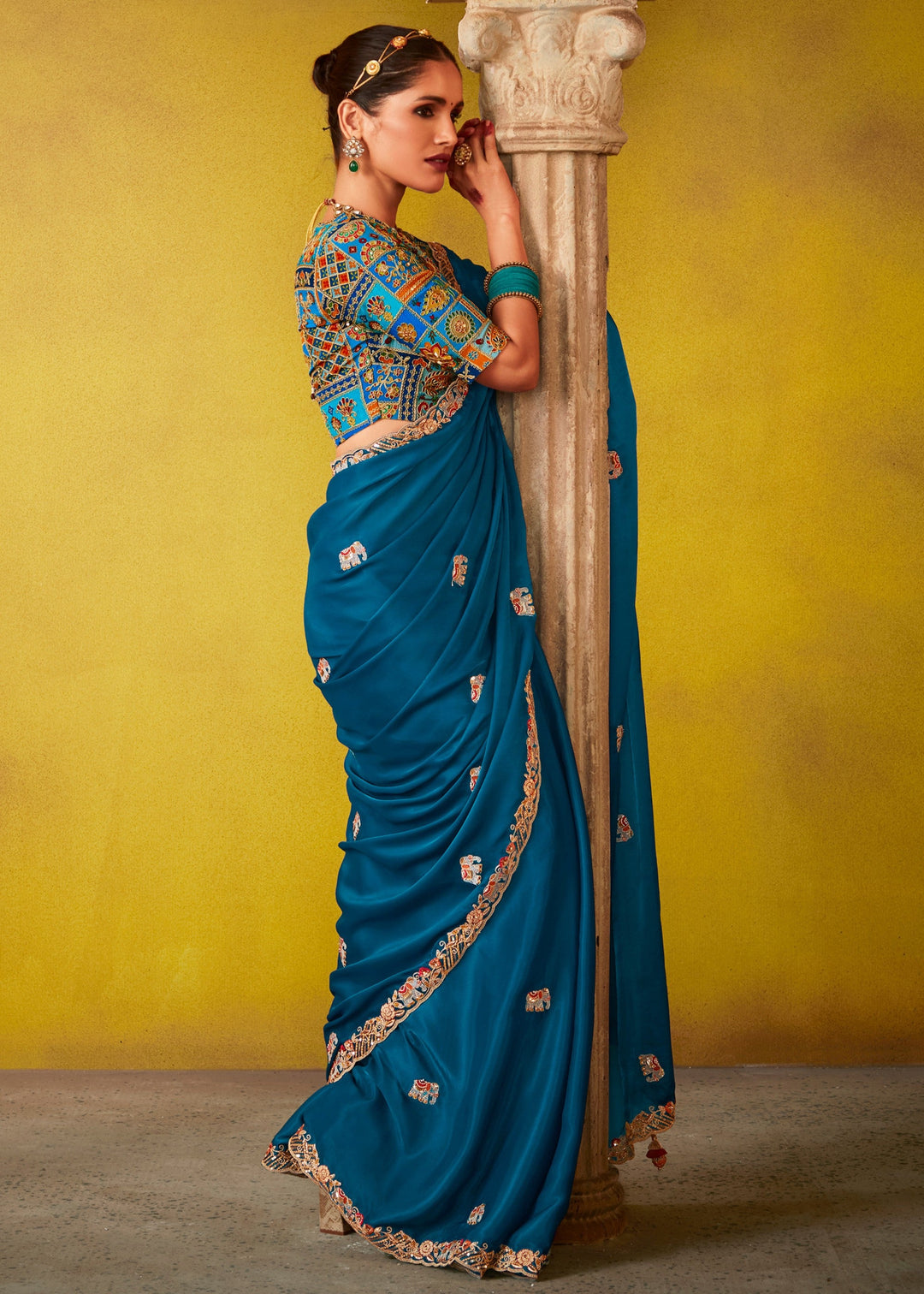 Teal Blue Glass Tissue Silk Saree