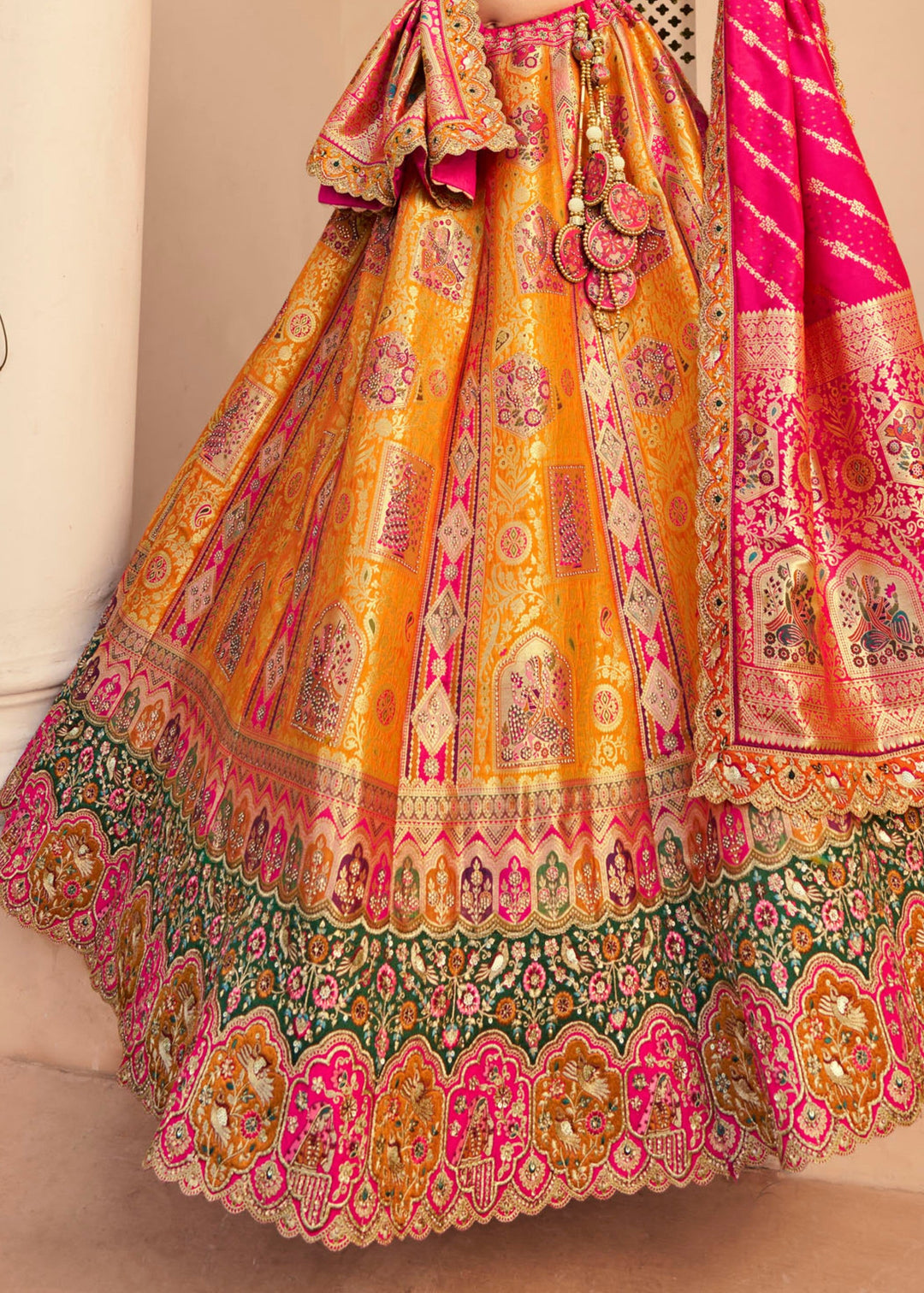 Warm Orange Banarasi Silk Lehenga With Golden Zari Work
