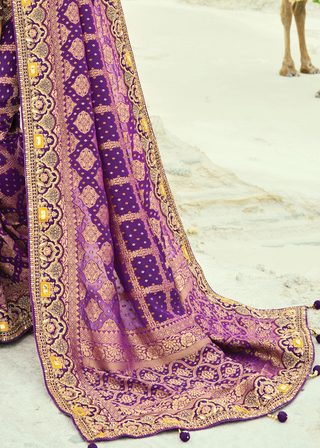Indigo Purple Georgette Bandhej Saree