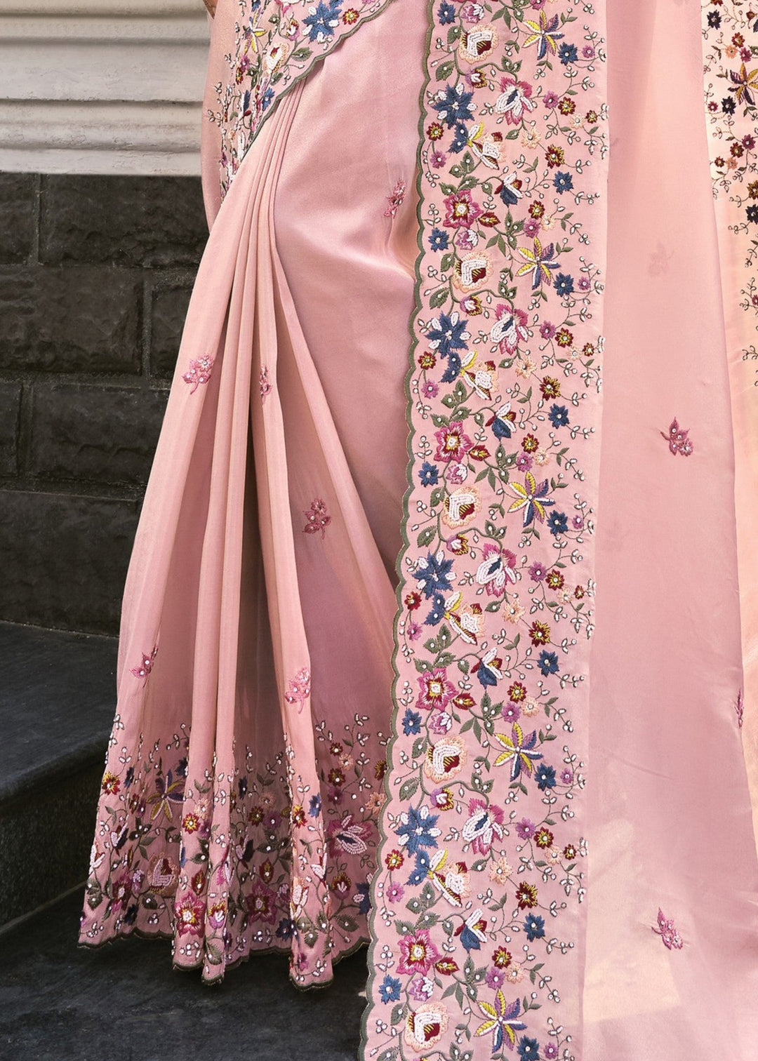 Pink Pure Banarasi Jari Saree With Moti Work