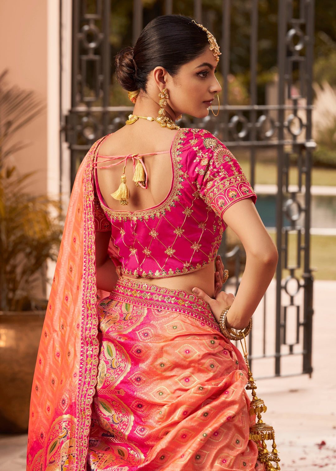 Deep Fuchsia Pink Banarasi Silk Lehenga With Golden Zari Work
