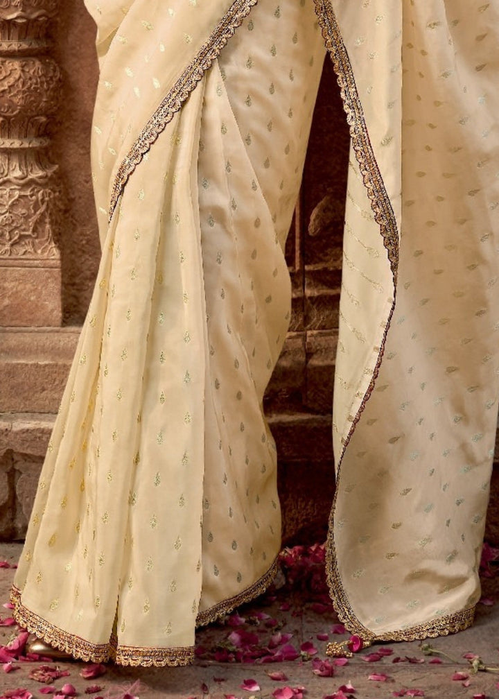Cream Viscose Crepe Silk Saree