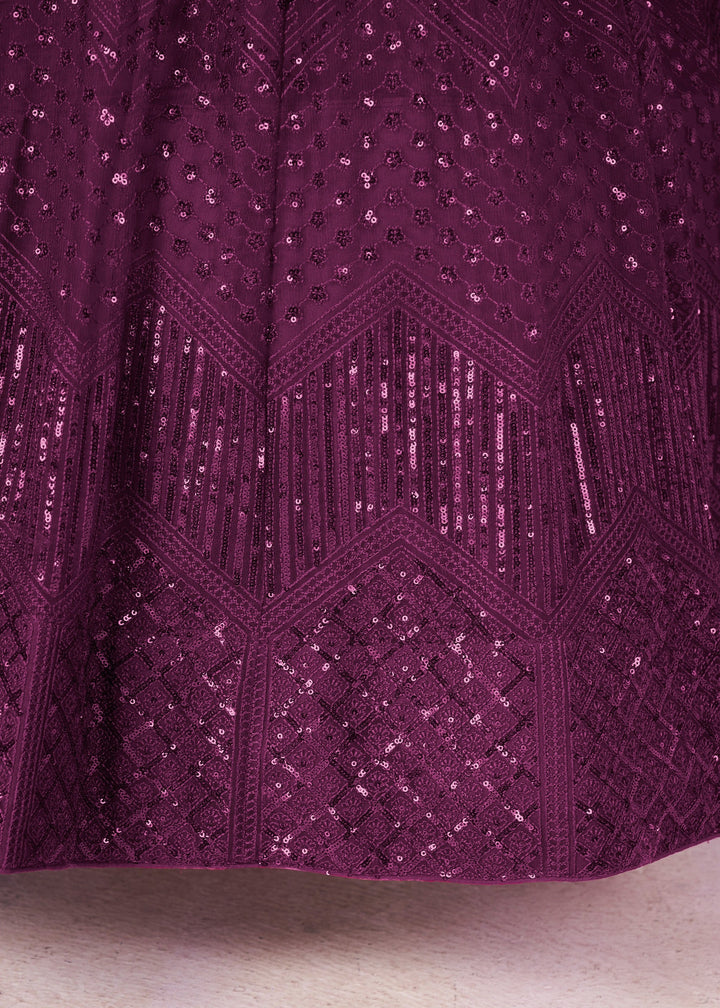 Jam Purple Net Lehenga Choli With Sequins And Thread Embroidery Work