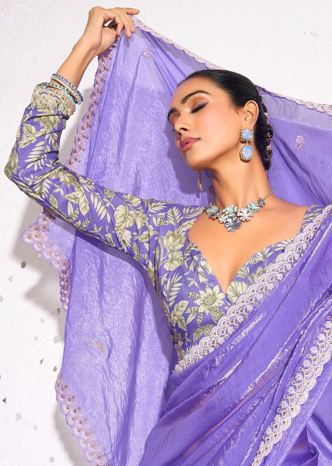Amethyst Purple Gold Crush Tissue Silk Saree With Beautiful Blouse