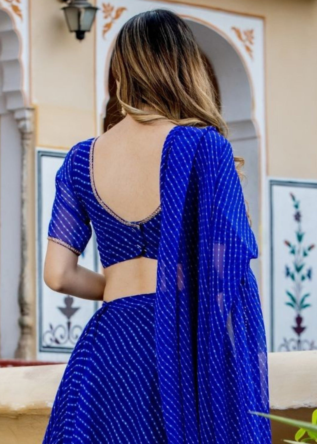 Azure Blue Georgette Leheriya Print Lehenga With Zari And Lace Work