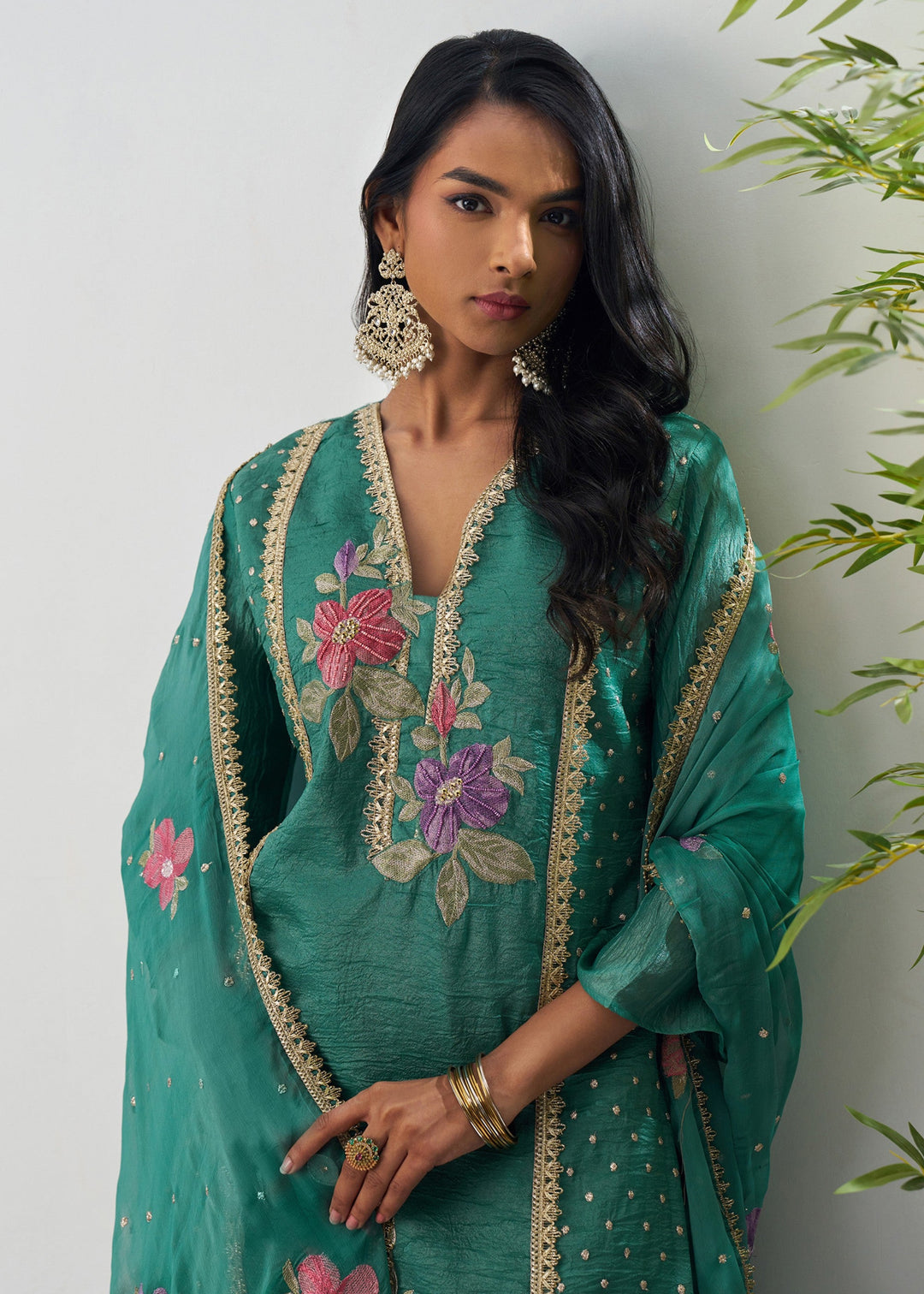 Dark Emerald Green Silk Pant Suit With Chiffon Dupatta