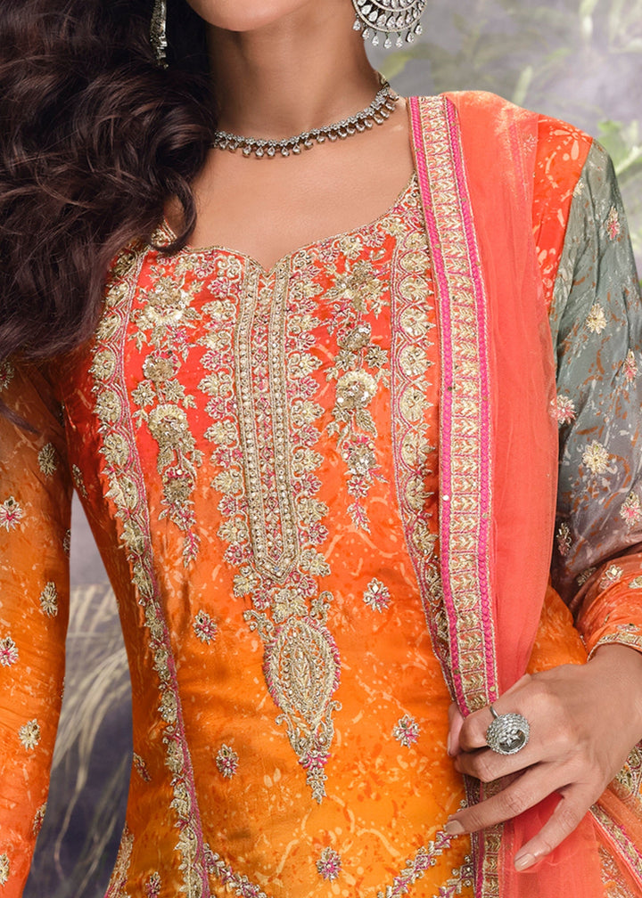 Tangrine Orange Chinnon Silk Plazo Suit With Mirror & Thread Embroidered Work