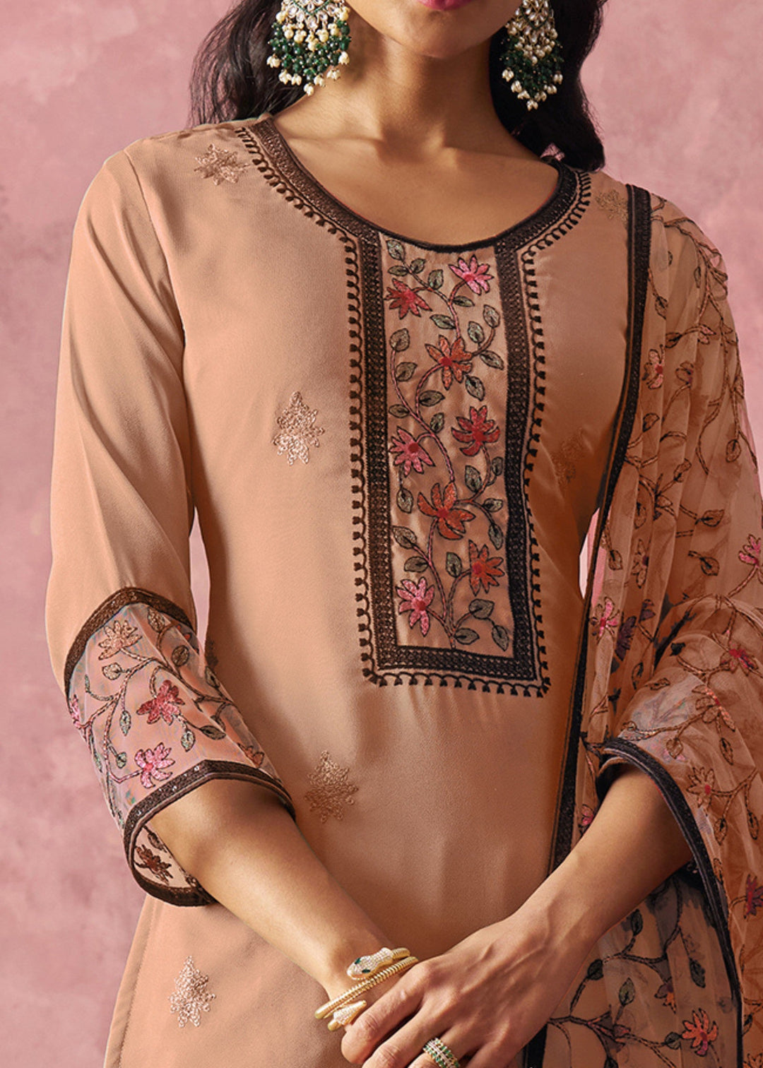 Tan Brown Georgette Suit With Thread Embroidered Work