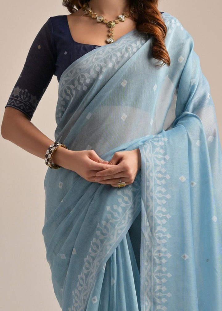 Firozi Thread Butti Lakhnawi Weaves Muga Cotton Saree With Contrast Pallu