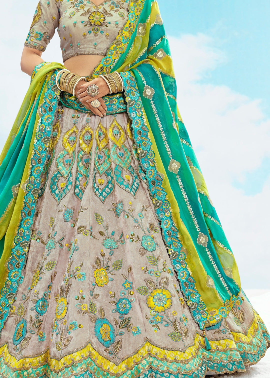 Off-White And Green Silk Lehenga With Cut Work Border