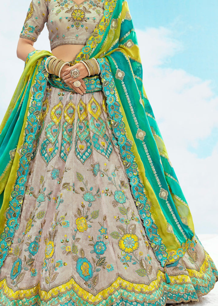 Off-White And Green Silk Lehenga With Cut Work Border