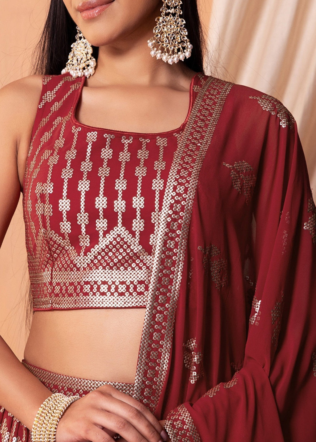 Maroon Red Georgette Lehenga Choli With Sequins And Thread Embroidery Work