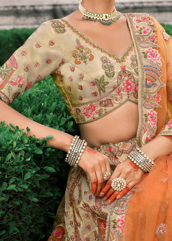 Beige & Orange Fancy Silk Lehenga Choli With Cut Work Embroidery Border & Stone Work