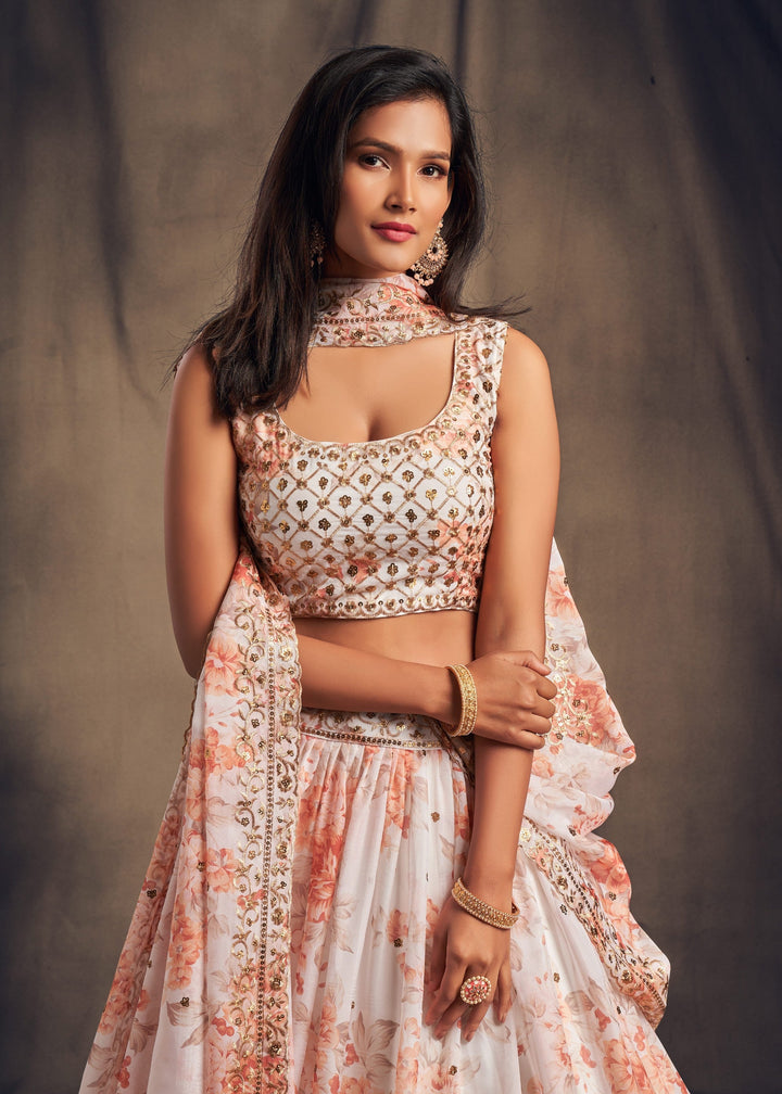 White Organza Lehenga Sequins Zari Embroidery Work