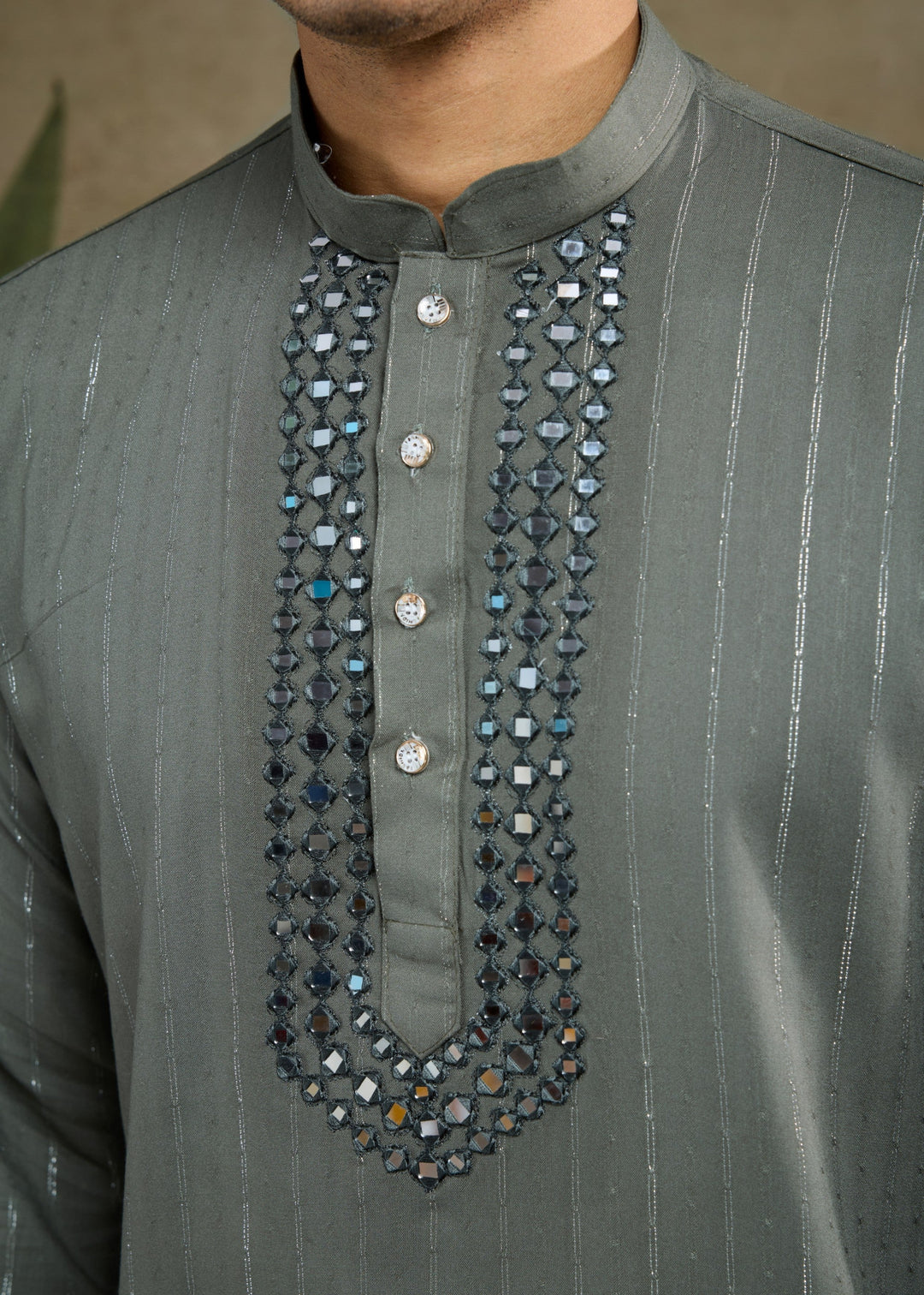 Grey Viscose Rayon Mens Kurta With Self Design Zari And Mirror Work
