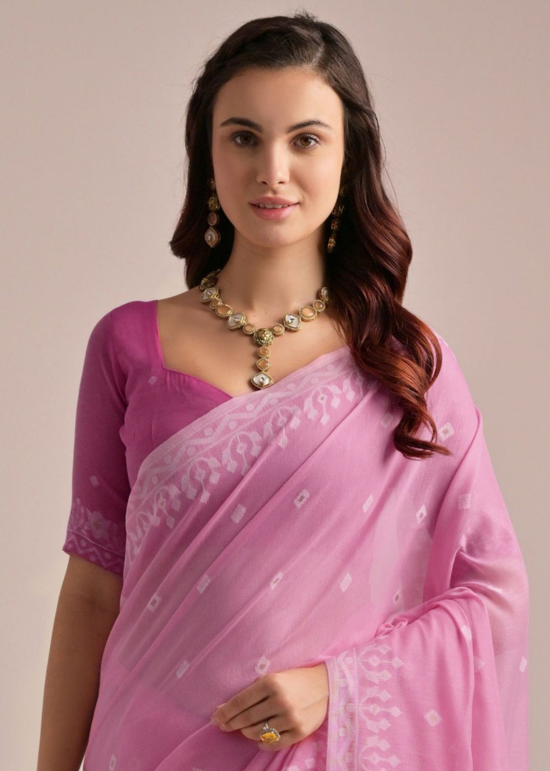 Pink Thread Butti Lakhnawi Weaves Muga Cotton Saree With Contrast Pallu