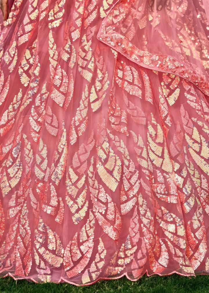 Baby Pink Net Lehenga Choli With Multiple Sequins And Thread Embroidery Work
