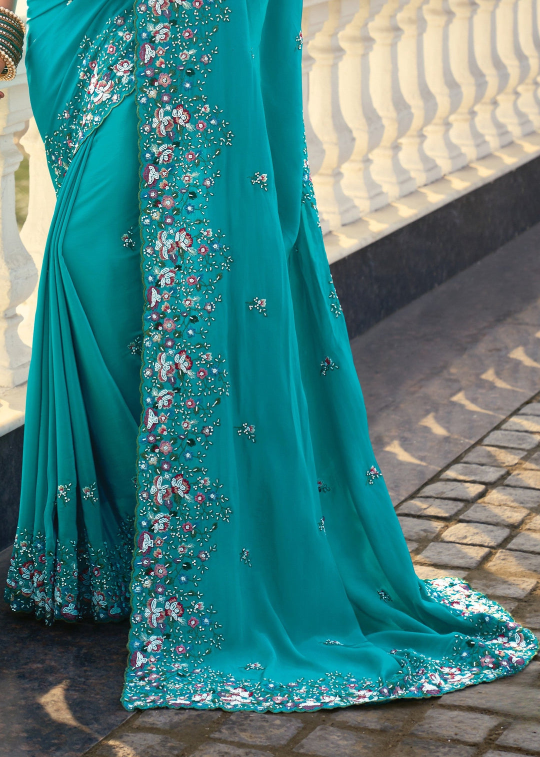 Firozi Blue Crepe Silk Saree
