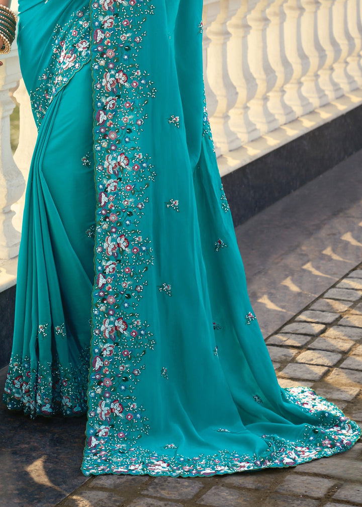 Firozi Blue Crepe Silk Saree