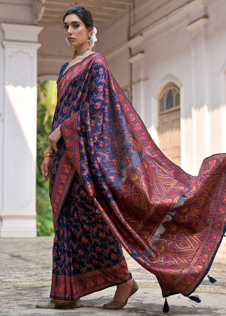 Navy Blue Thread Woven Jal & Flower Silk Saree With Thread Woven Pallu