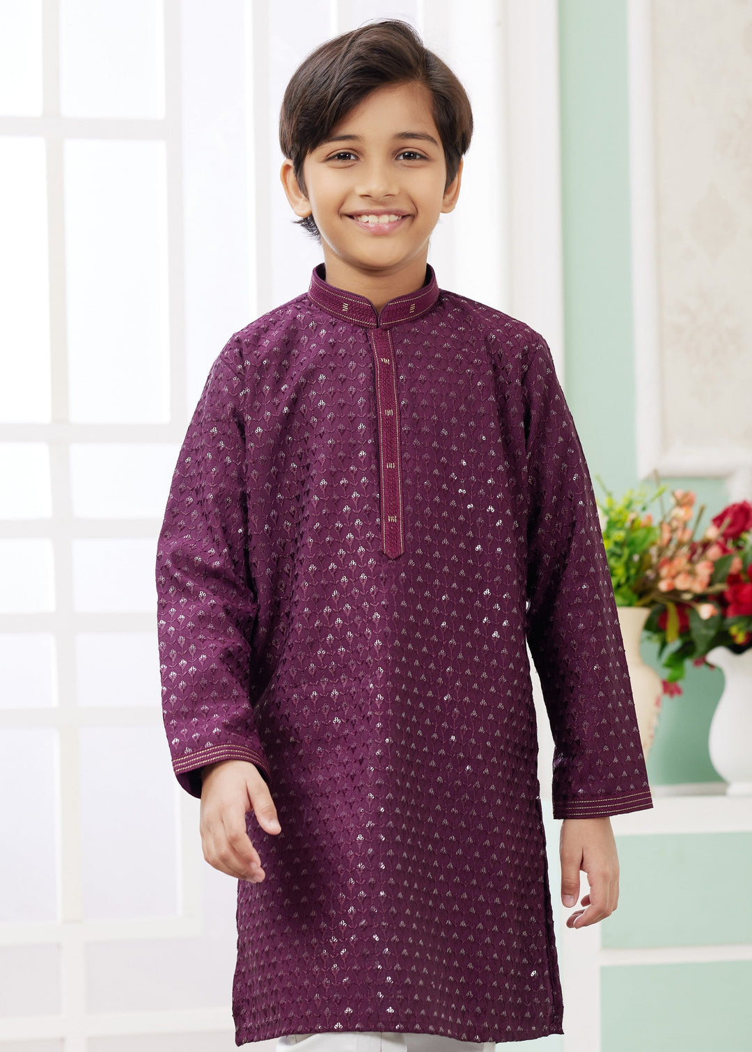 Wine Purple Silk Mens Kurta Set With Thread Embroidery Work