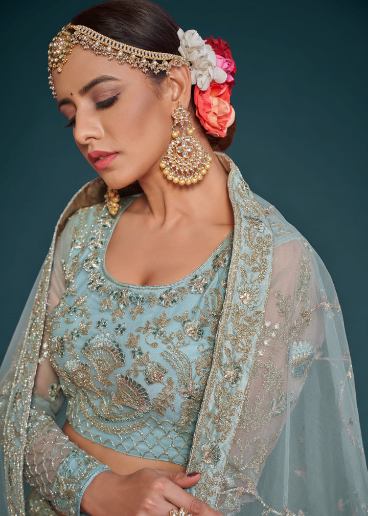 Aqua Blue Soft Net Lehenga with Thread, Zari, Badla and Glitter Dori Embroidery Work