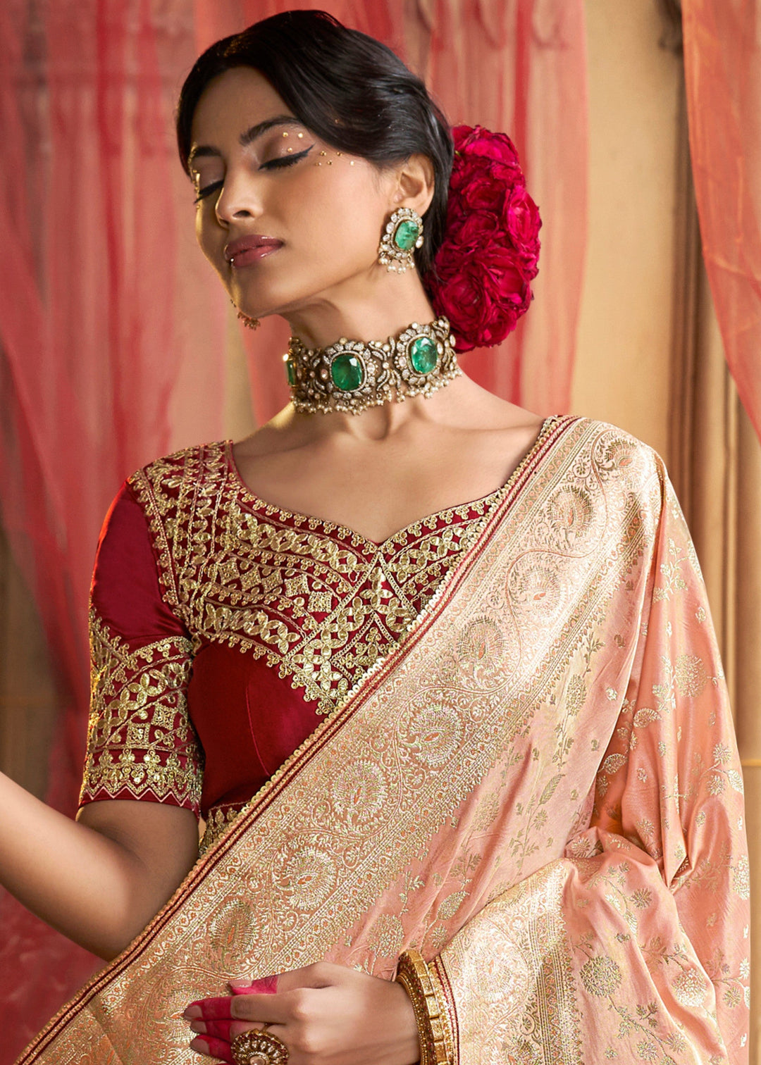 Peach Pink Satin Silk Saree