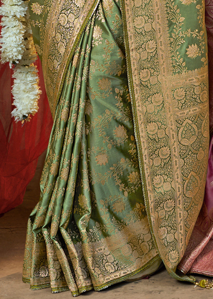Paris Green Satin Silk Saree