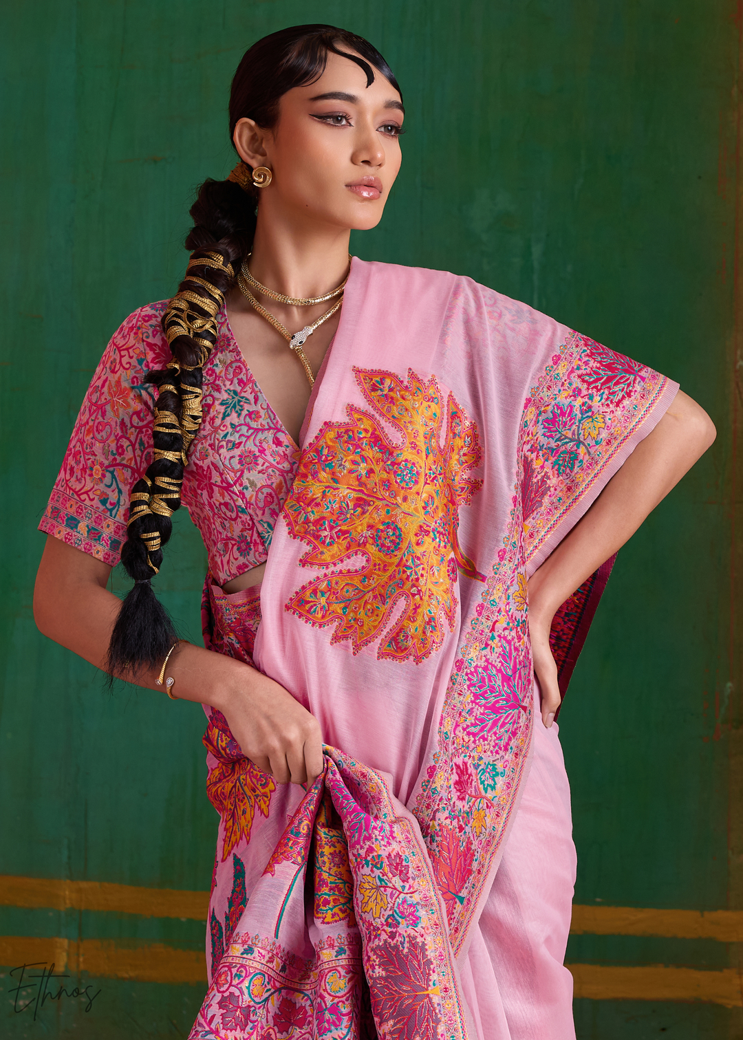 Blush Pink with Multicolour Floral Weave Saree