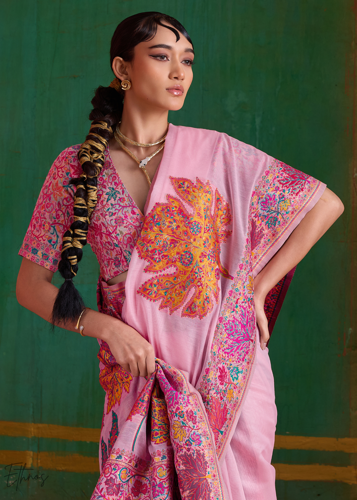Blush Pink with Multicolour Floral Weave Saree