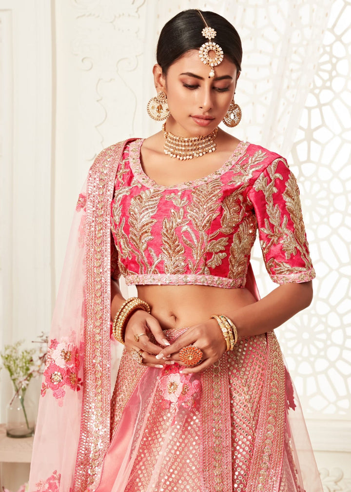 Pink Soft Net Lehenga With Zari, Dori, Thread And Sequins Floral Embroidery