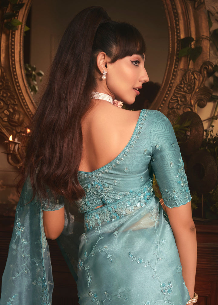 Aqua Blue Tissue Organza Saree With Heavy Embroidery