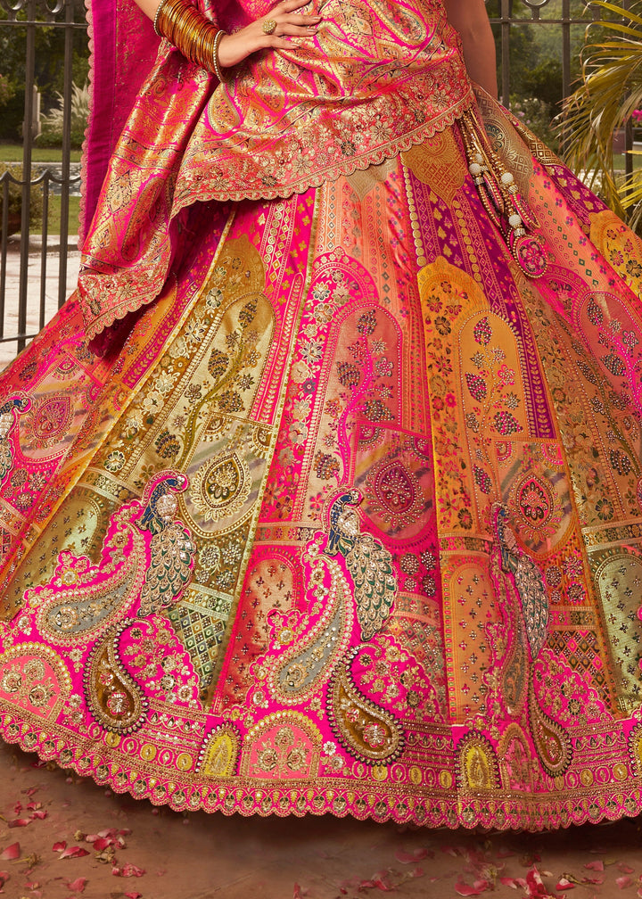 Hot Pink Base Banarasi Silk Lehenga With Gold Brocade And Golden Zari Work
