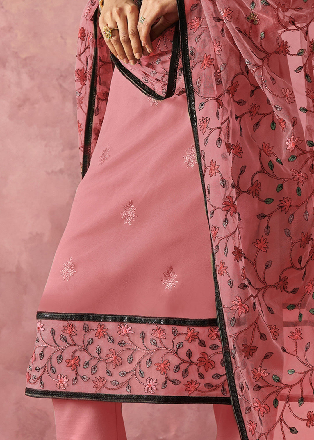 Light Pink Georgette Suit With Thread Embroidered Work