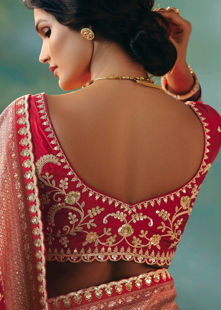 Deep Red Pure Viscose Dola Silk Saree with Zari Weaving & Embroidered Blouse