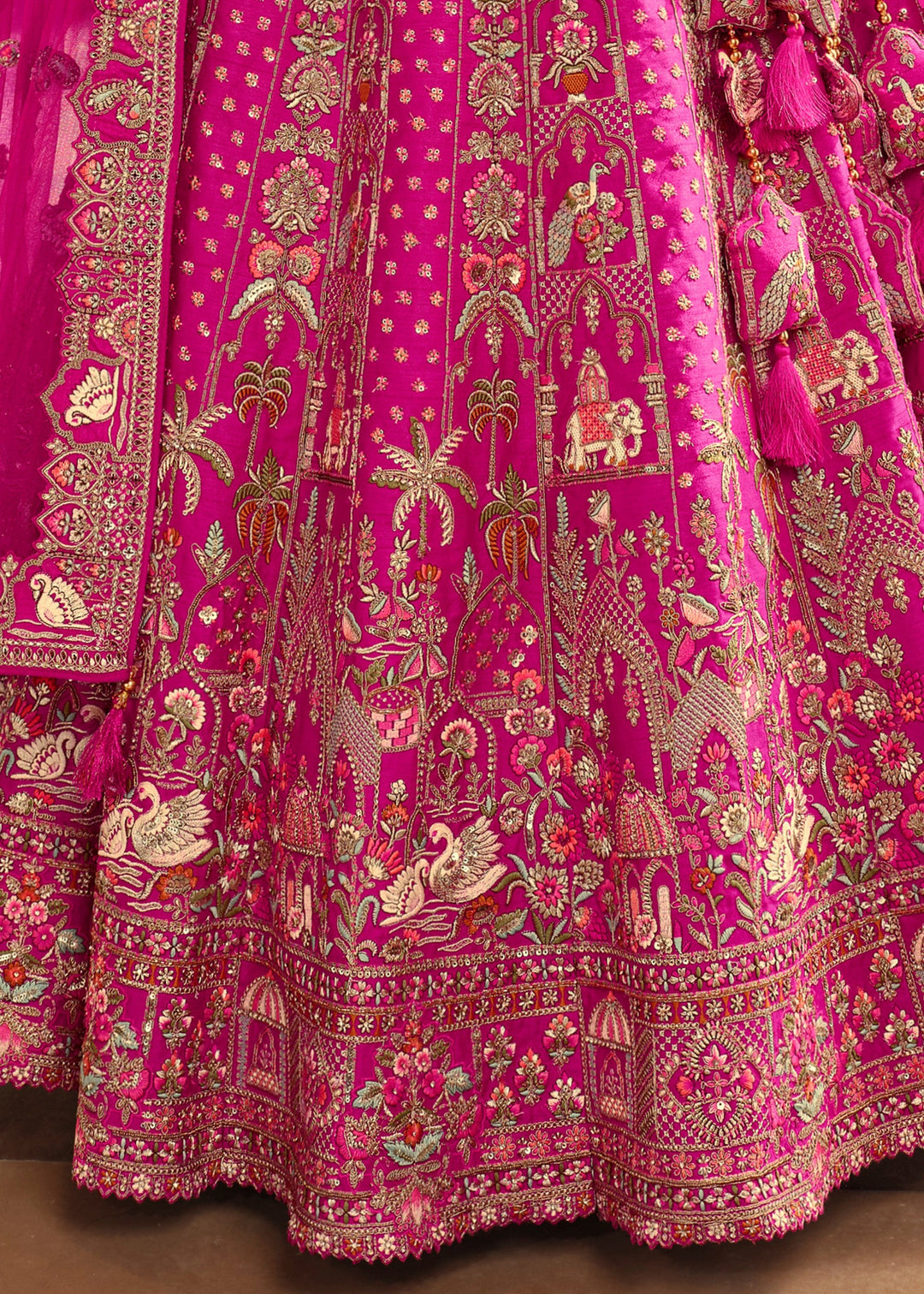 Persian Rose Pink Heavy Bridal Silk Lehenga With Khatli And Embroidery Work