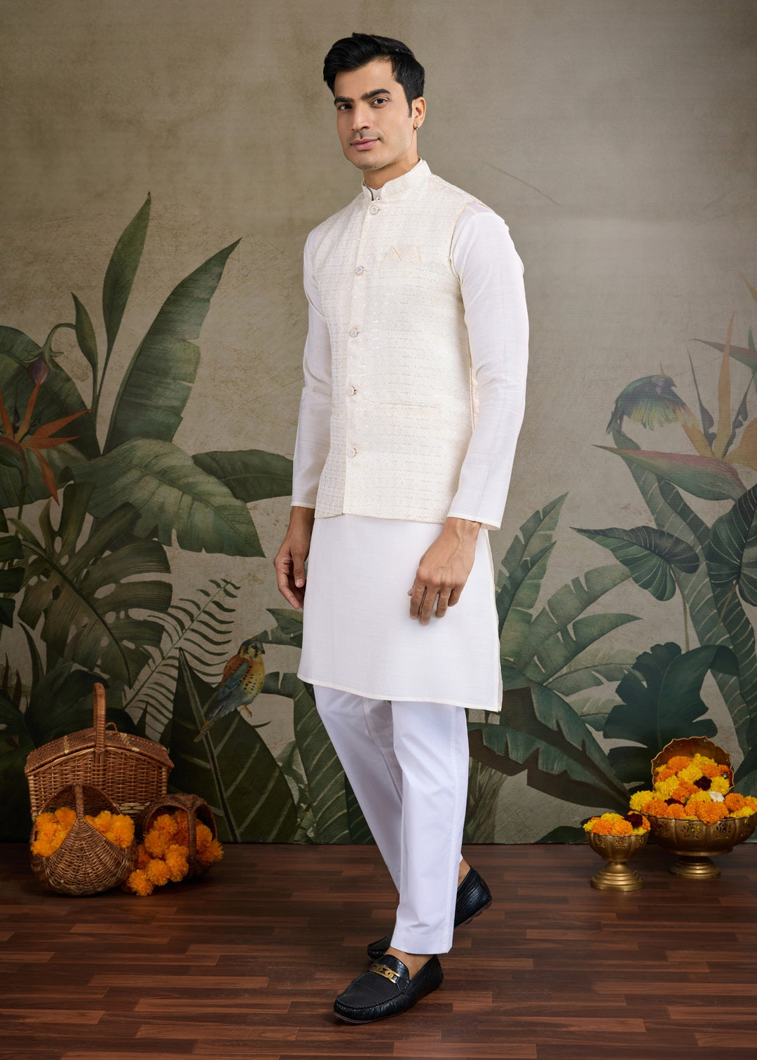 White Mens Wear Koti Style with Kurta and Pajama