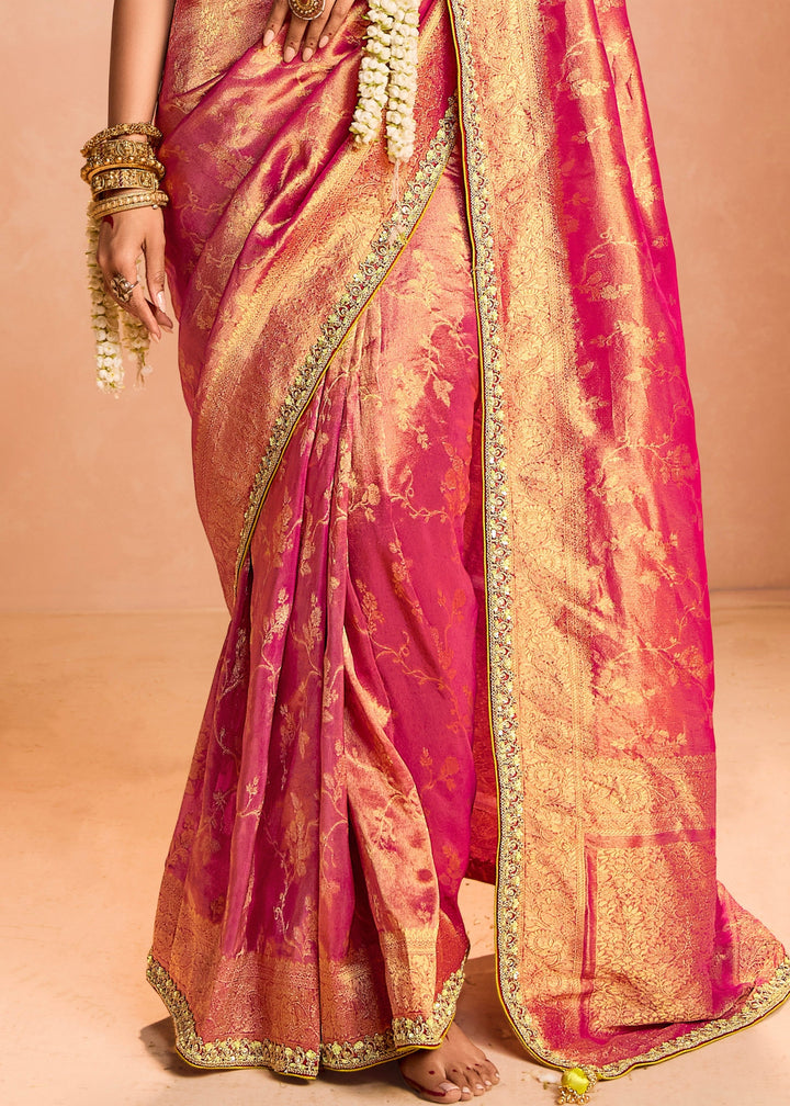 Rani Pink Zari Tissue Silk Saree With Weaving Work And Heavy Embroidery Lace