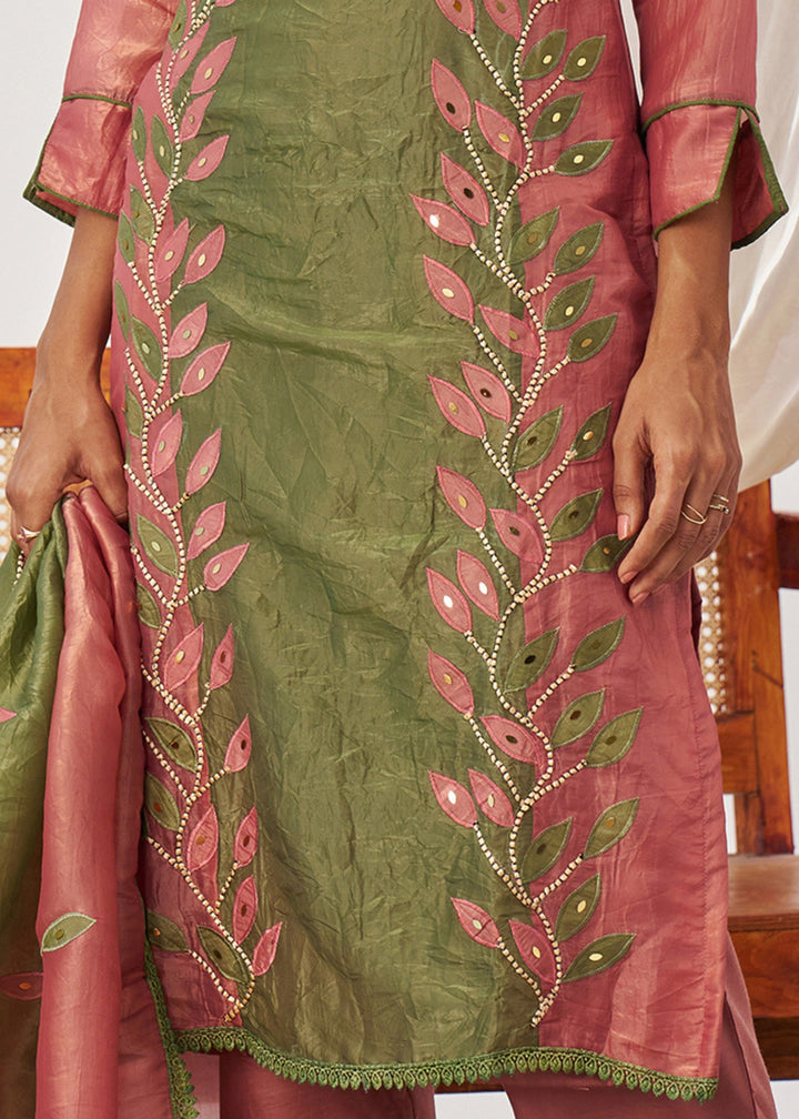 Salmon Pink Silk Pant Suit With Embroidery Work