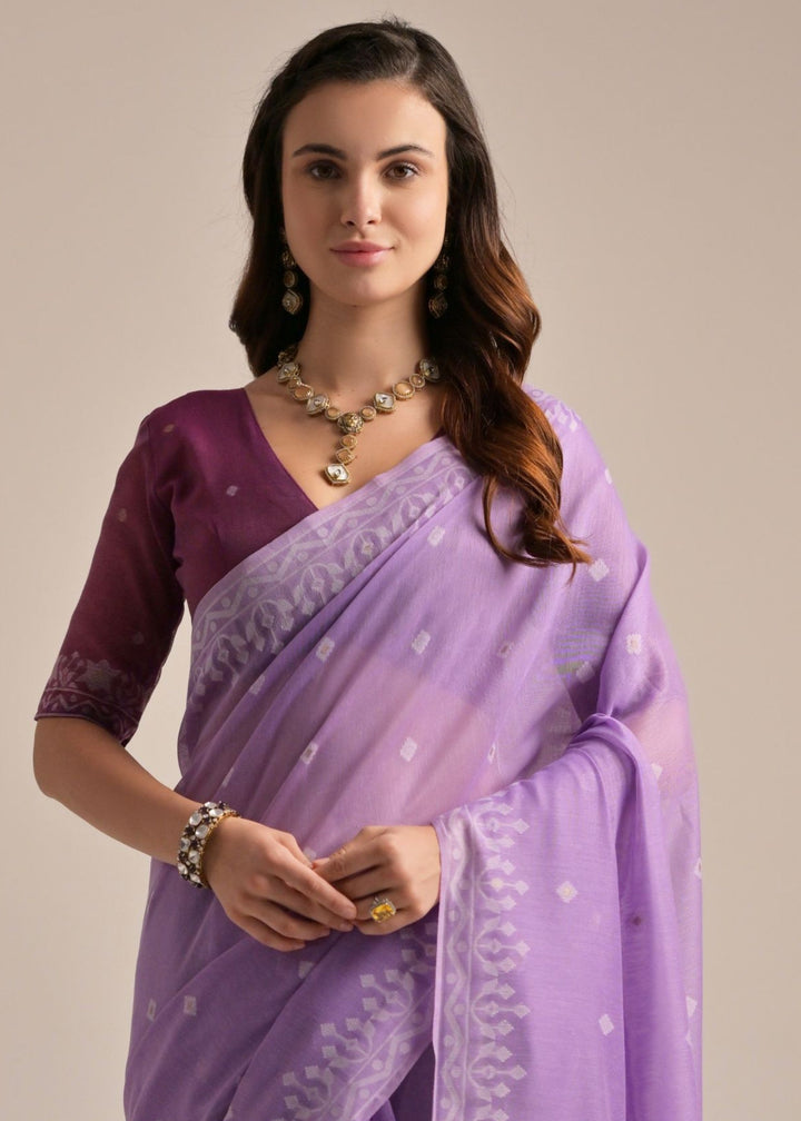 Lavender Thread Butti Lakhnawi Weaves Muga Cotton Saree With Contrast Pallu