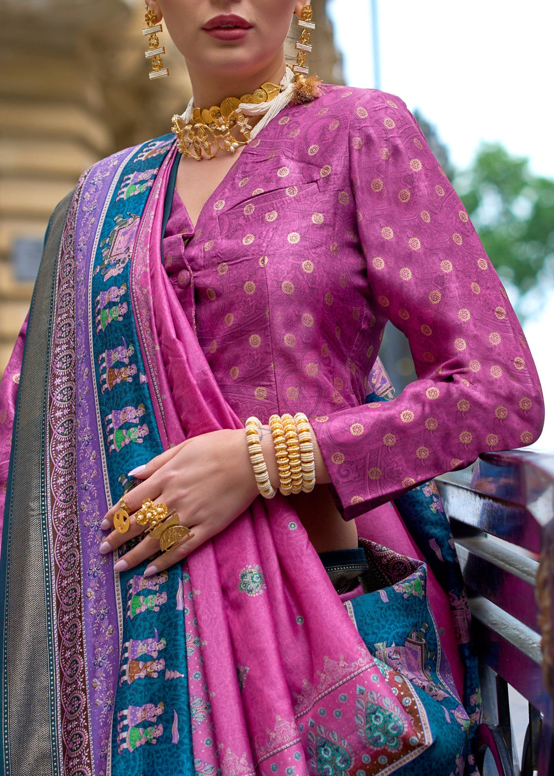 Shocking Pink Poly Viscose Silk Saree