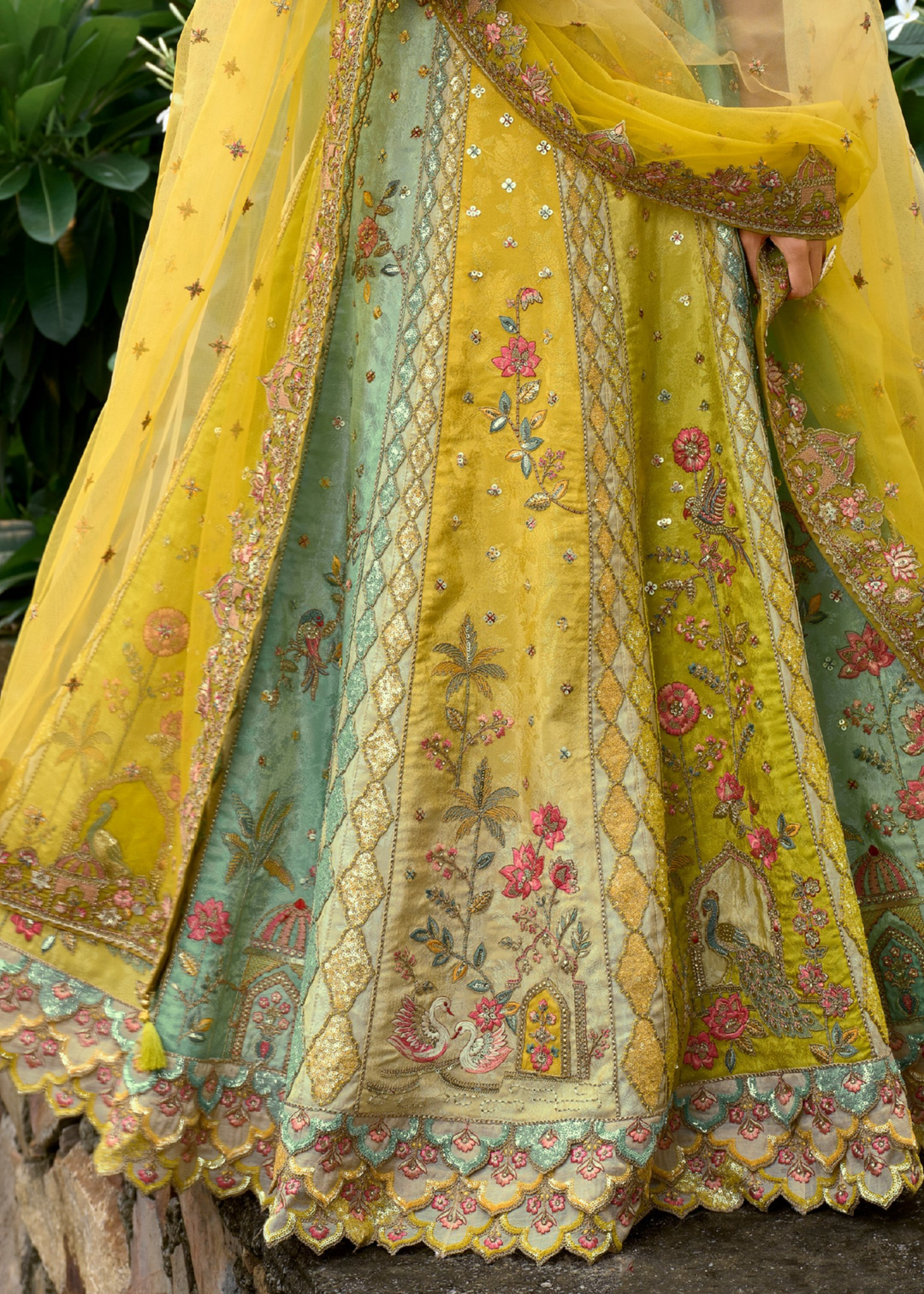 Olive Yellow Floral Silk Lehenga With Cut Work Border And Embroidery