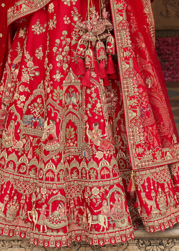Candy Red Heavy Bridal Silk Lehenga With Khatli And Embroidery Work
