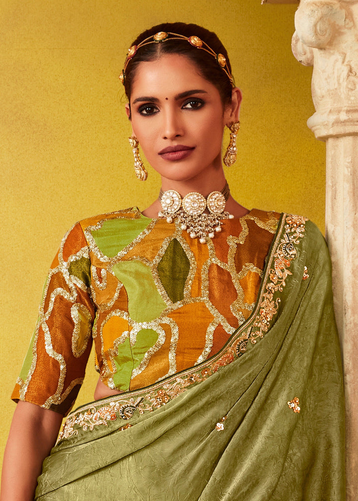 Olive Green Glass Tissue Silk Saree : Top Pick